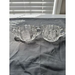 Vintage EAPG Clear Glass Sugar Bowl & Creamer Sawtooth Edge Set w Flower Design
